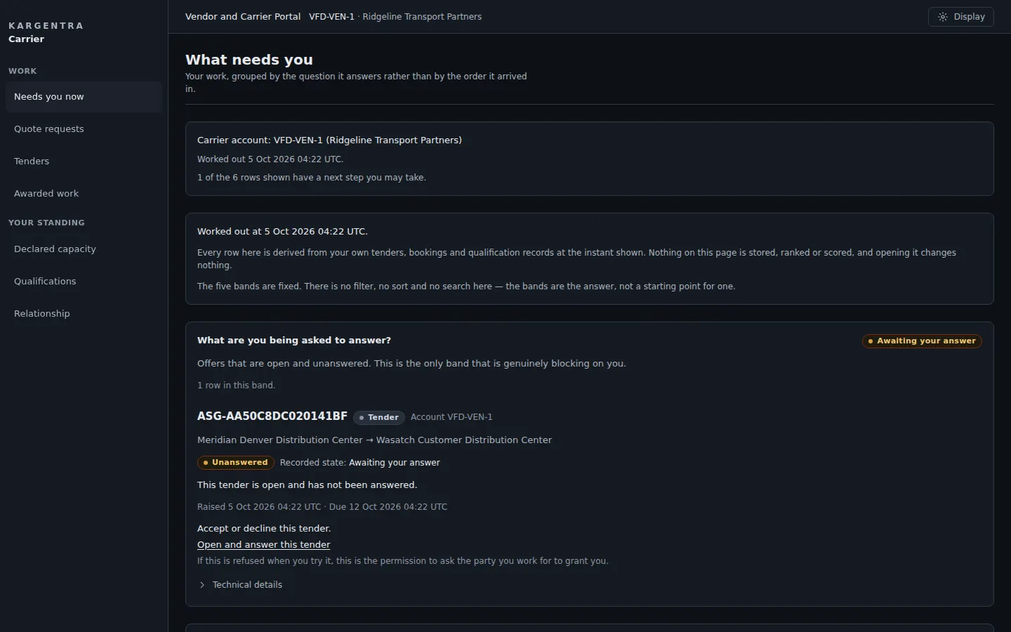 Carrier portal home in dark mode listing the work that needs the carrier now.