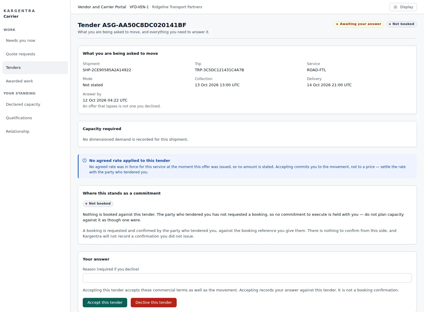 Carrier portal tender detail: what is being asked to move, the answer-by deadline, commitment state and accept or decline actions.