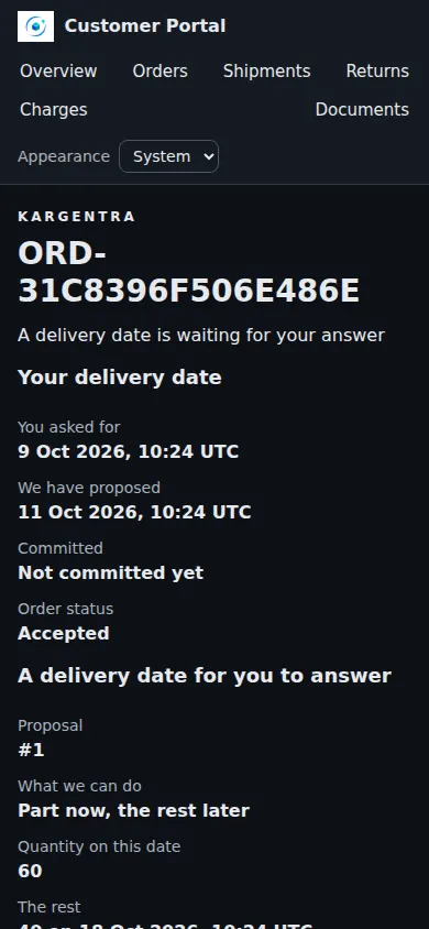 Customer portal on a phone in dark mode showing an order's delivery-date status.