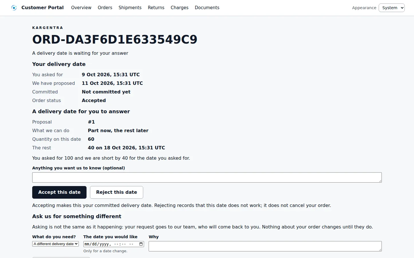 Customer portal order page answering a delivery-date question with the committed promise.