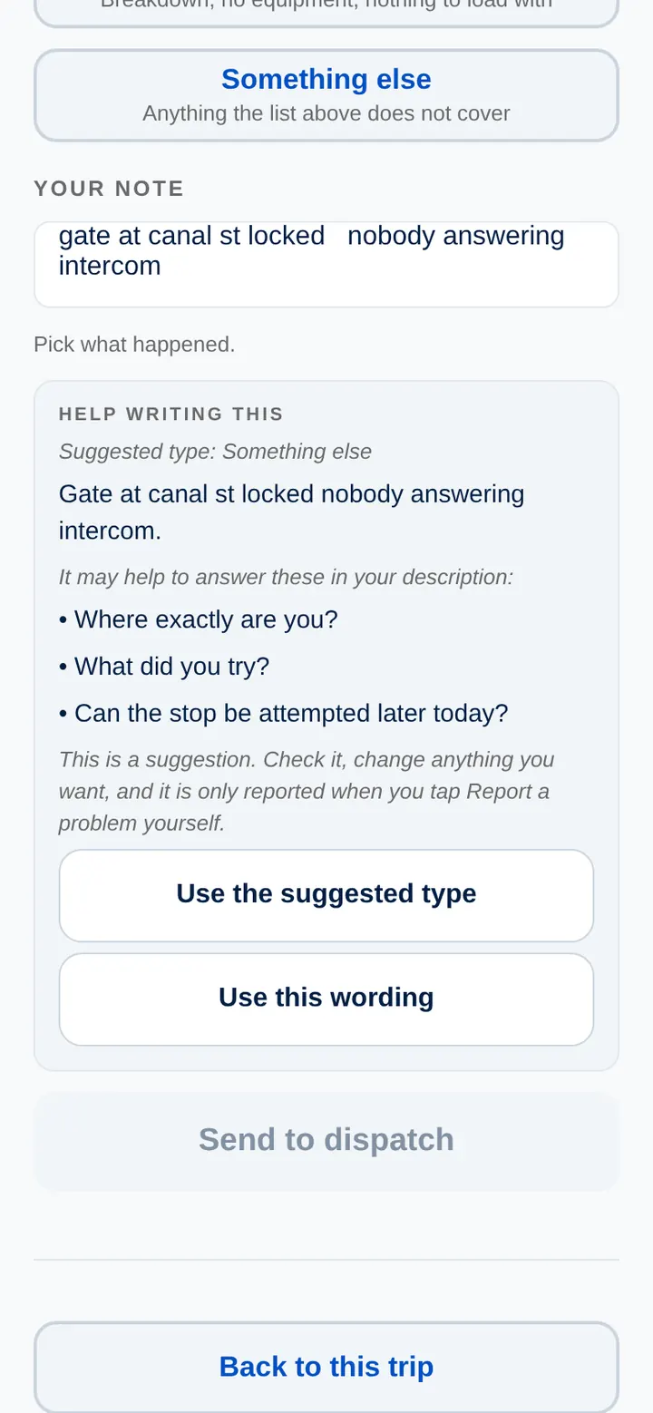 Driver app guiding the driver through reporting a problem at a stop.