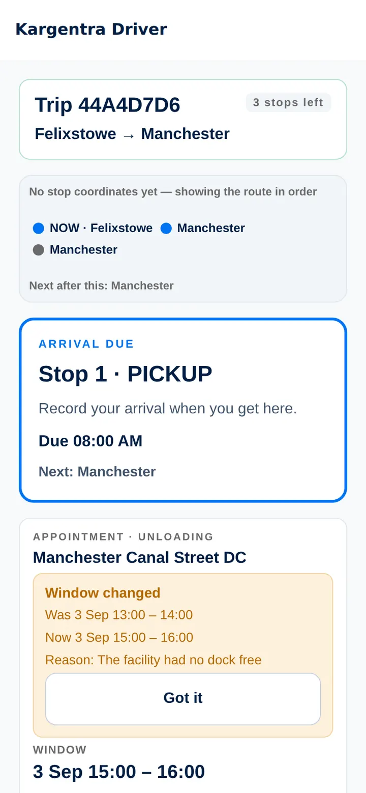 Driver app showing the trip, the next pickup stop with its due time and a changed delivery window with the reason.