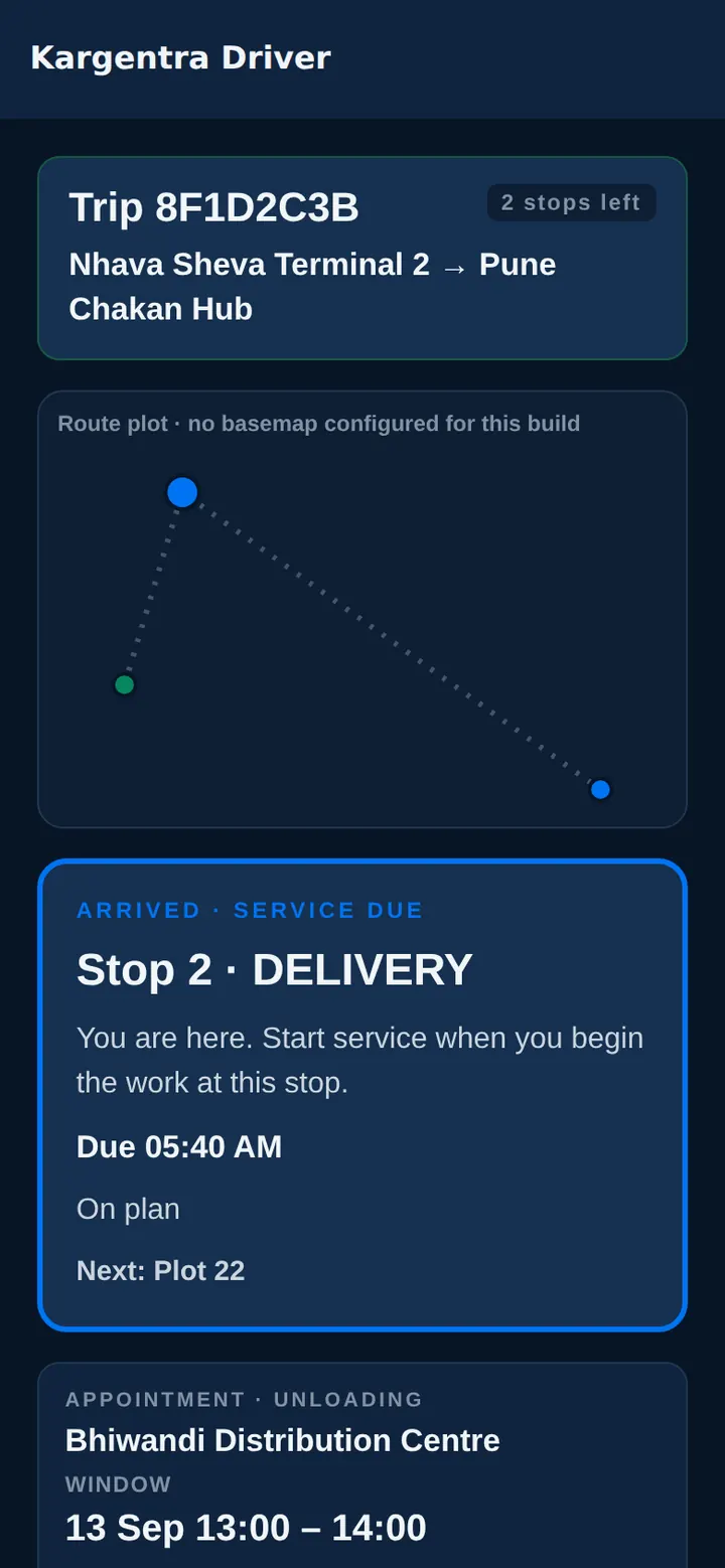 Driver app in dark mode: arrived at the delivery stop with service due and the unloading appointment window.