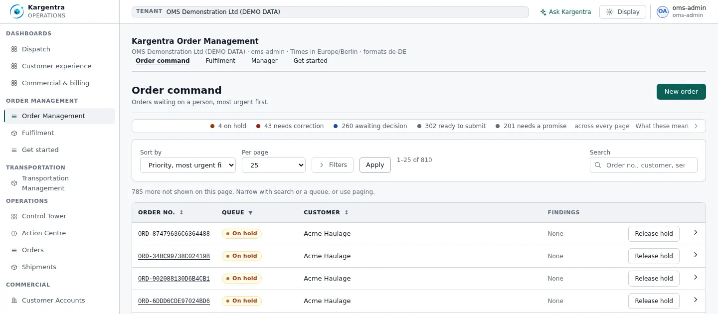 Order command queue with counts for holds, corrections and decisions, and orders on hold with a Release hold action.