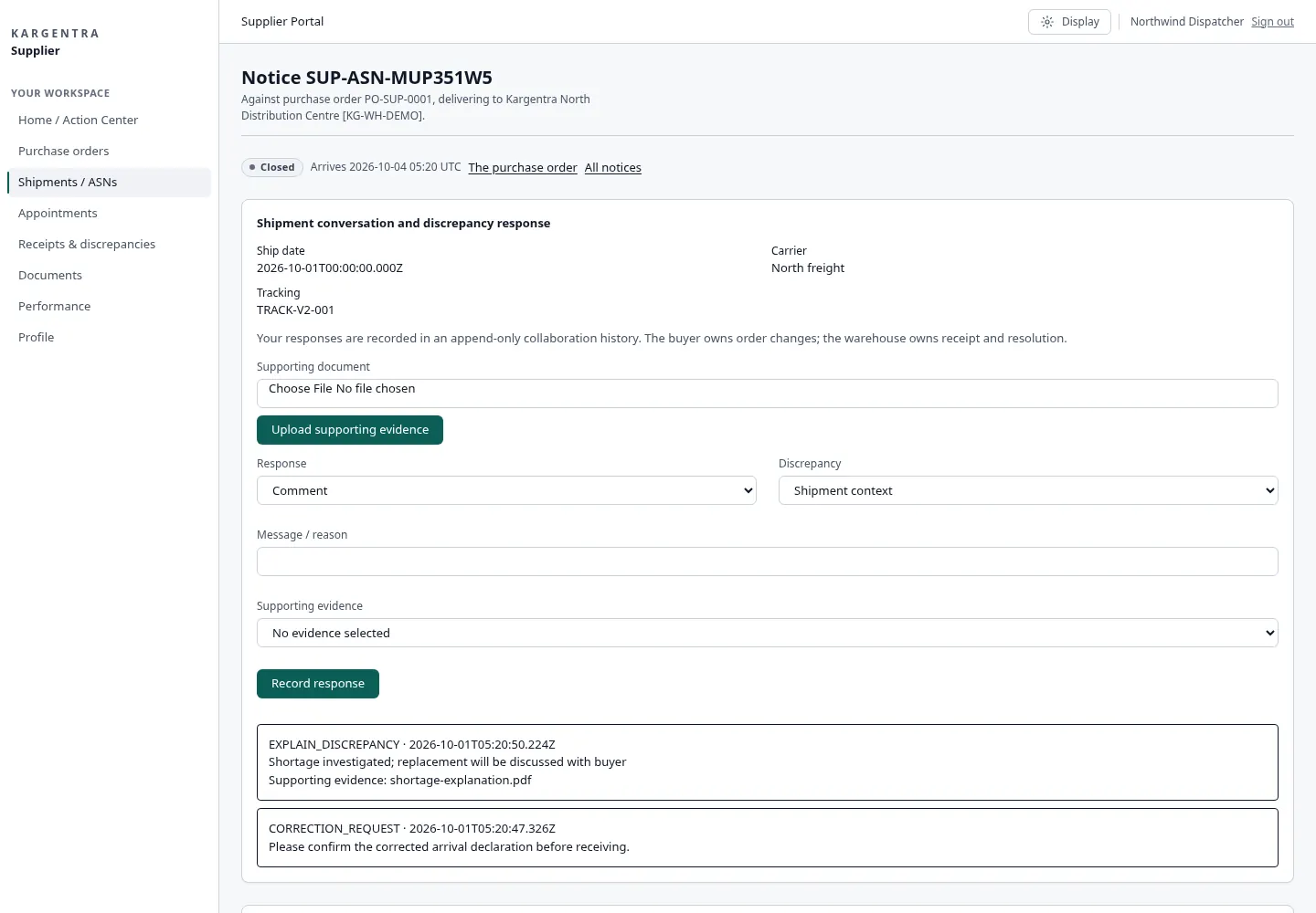 Supplier portal shipment notice showing received quantities and a recorded discrepancy.